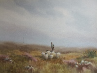 water colour painting by Hamilton Sloan of a misty Donegal bog with a shepherd driving a flock ofsheep through the purple heather